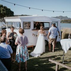 Beach wedding, Coromandel Caravan Bar, vintage caravan bar, caravan bar nz